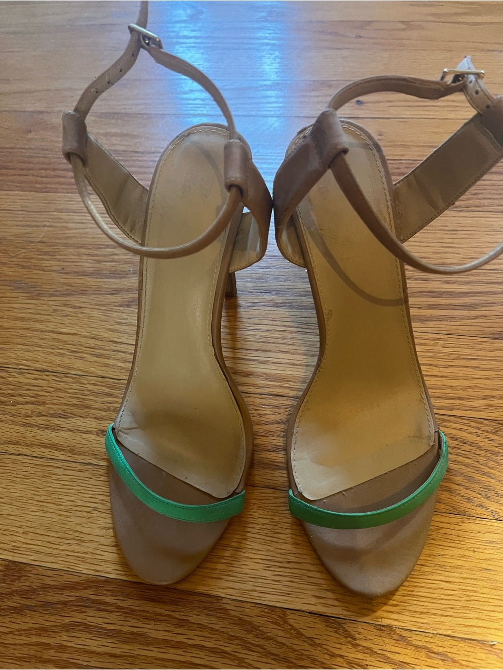 Victoria's Secret Tan Ankle Strap Heels with Green Toe Band